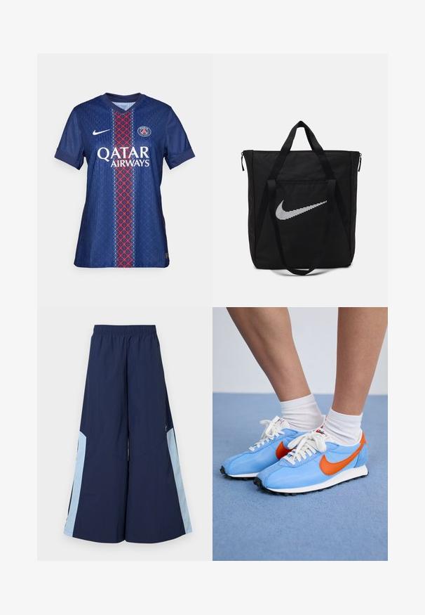 Maillot de football du Paris Saint-Germain en bleu avec des motifs géométriques rouges et blancs, présentant un col rond, des manches courtes et un logo sur la poitrine.; Pantalons larges navy avec une taille élastique, dotés de panneaux latéraux bleu clair et d'une texture lisse. Conçus pour le confort et la liberté de mouvement.; Baskets en mesh et suède bleu avec des accents orange et des lacets blancs. Semelle extérieure en caoutchouc noir. Portées avec des chaussettes blanches à mi-mollet sur une surface bleue.; Sac en nylon noir avec deux poignées robustes et fermeture éclair. Présente un logo Swoosh blanc Nike en design rayé horizontal.
