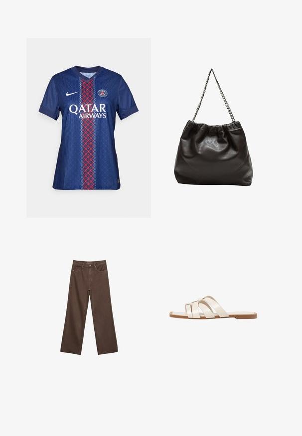 Nogometna majica Paris Saint-German v modri barvi z rdečimi in belimi geometrijskimi vzorci, z okroglim izrezom, kratkimi rokavi in logotipom na prsih.; Široke rjave kavbojke iz denima, ki imajo visok pas, sprednje žepe in klasično zapiranje na gumb. Gladka tekstura s subtilnim šivom.; Ravne sandale s svetlo rjavim gumijastim podplatom, zasnovane s tremi prekrivajočimi se belimi usnjenimi trakovi in majhnim lokom na sredini.; Rjava usnjena torba z nabranim vrhom in verižnim trakom. Gladka tekstura z sijajno površino in subtilnimi šivi na straneh.
