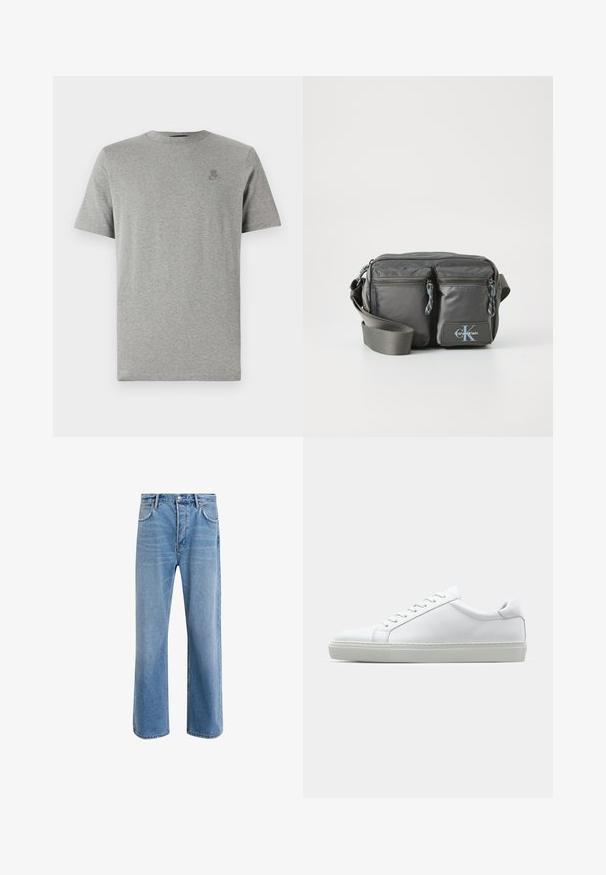 Pilkas trumpas rankovės marškinėlis, pagamintas iš medvilnės ir sintetinio pluošto derinio. Savybėje yra mažas logotipas ant krūtinės ir apvalus iškirpimas. Klasikinis, laisvas kirpimas.; Šviesiai mėlyni džinsai su tiesiu kirpimu, penkios kišenės, mygtuko užsegimas, minimalus blukimas ir kontrastingi siuvimo detalės.; Baltas sportinis batelis su lygiu odiniu paviršiumi ir žemu profiliu. Turi suapvalintą pirštą, šešis akių skyrius ir tekstūruotą gumos padą.; Pilkos nailono per petį nešiojama krepšys su dviem užtrauktukais priekyje, reguliuojama juosta ir logotipo akcentu. Lygi tekstūra su moderniu dizainu.