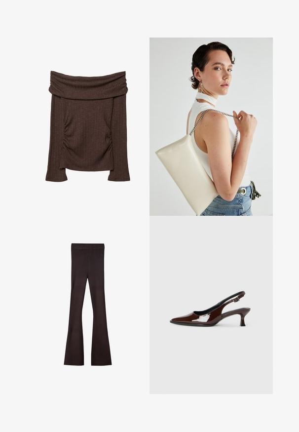 Braun gerippter Strick-Oberteil mit schulterfreien langen Ärmeln, gerüschten Seiten und einem breiten umgeschlagenen Kragen.; Bershka Stoffhose - dark brown; Braune Lackleder-Slingback-Schuhe mit spitzer Zehe und moderatem Absatz. Mit einem Schnallenriemen für einen sicheren Sitz. Glatte Textur.; Weiße rechteckige Clutch aus glänzendem Material mit einem silbernen Kettenriemen. Das Model posiert und präsentiert die Tasche vor einem schlichten Hintergrund.