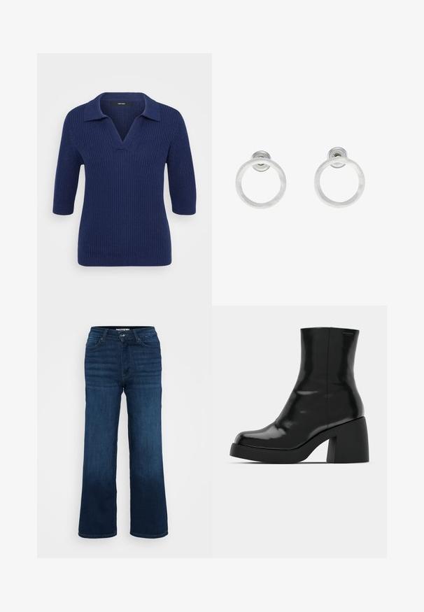 Námornícky modrý pletený sveter s výstrihom do V a krátkymi rukávmi, ktorý má kontrastný golier a textúrovaný ryhovaný vzor po celom obvode.; ONLY Petite ONLMADISON BLUSH WIDE - Široké nohavice - dark blue denim; Čierne členkové topánky s lesklým povrchom, štvorcovou špičkou a širokým blokovým opätkom. Dizajn sa vyznačuje bezšvovou siluetou a minimálnym brandingom.; Strieborné kovové náušnice vo forme kruhov s brúsenou textúrou, so zaobleným dizajnom a priehľadným zarážkou pre bezpečné nosenie.