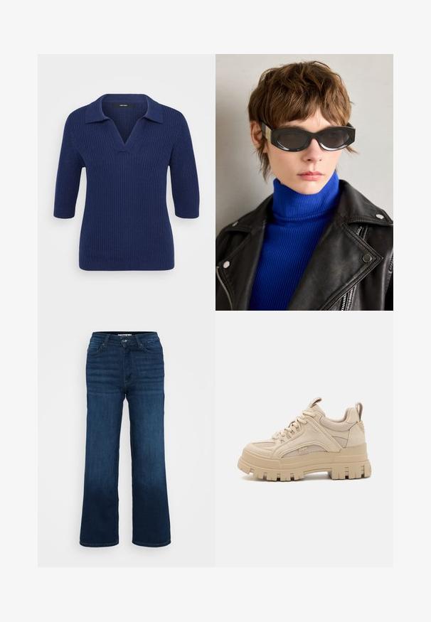 Tume sinine kudumist sall, millel on V-kaelus ja lühikesed varrukad, kontrastsete krae ja tekstuurse sooniku mustriga.; ONLY Petite ONLMADISON BLUSH WIDE - Wide leg - dark blue denim; Beezid jakked spordijalatsid, millel on võrgu ja nubukmaterjalide segu, paksema tallaga ja silmapaistva mustriga, nööriga kinni pandud disain ja brändi detail.; Mustad prillid ümarate servadega ja tumedate läätsedega. Rikkalikud kuldsed aksessuaarid templites. Kandmisel sinine soonikkoes turvavöö ja nahkjope.; Hõbedased rõngas kõrvarõngad, millel on lipsu kujundus, sile viimistlus ja läikiv tekstuur. Kompaktne, minimalistlik stiil, sobib erinevateks juhtudeks.