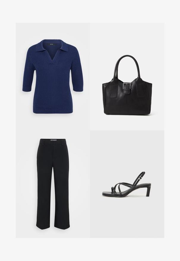Námornícky modrý pletený sveter s výstrihom do V a krátkymi rukávmi, ktorý má kontrastný golier a textúrovaný ryhovaný vzor po celom obvode.; Čierne široké nohavice s hladkou textúrou, s plochým pásom a bočnými vreckami, navrhnuté v minimalistickom štýle.; Čierne sandále na vysokom podpätku so štvorcovou špičkou a nízkym blokovým podpätkom. Obsahujú viacero tenkých popruhov a nastaviteľný členkový popruh. Vyrobené z hladkej kože.; Čierna kožená taška s hladkou textúrou, štruktúrovaným tvarom, dvoma uchami a výrazným strieborným prackovým detailom na prednej strane.