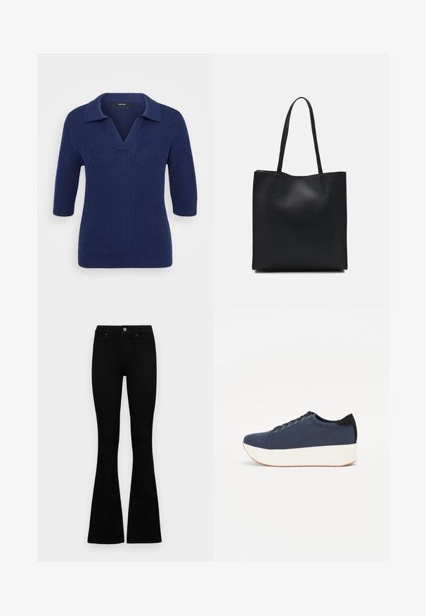 Námornícky modrý pletený sveter s výstrihom do V a krátkymi rukávmi, ktorý má kontrastný golier a textúrovaný ryhovaný vzor po celom obvode.; Čierne vysoké nohavice s gombíkom a zipsom, predné vrecká a rozšírené nohavice položené na bielom pozadí.; Námornícky modré tenisky s textúrovaným textilným zvrškom, bielou platformovou podrážkou, zaoblenou špičkou a čiernym akcentom na päte. Obsahujú šesť otvorov na šnúrky.; Čierna kožená taška na rameno s hladkým povrchom, obdĺžnikovým tvarom a dvoma dlhými uchami. Bez viditeľného kovania alebo ozdôb.