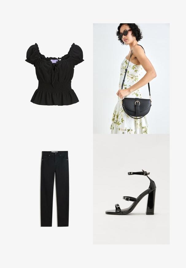 Black textured blouse with short puff sleeves, smocked waist, and ruffled hem. Features a front tie detail and is made from lightweight fabric.; Black denim pants with a straight leg design, five pockets, metal button closure, and subtle stitching details. Smooth texture.; Black patent high-heeled sandals with two buckle straps, square toe, and a chunky block heel, featuring a smooth, glossy texture.; Black leather handbag with a curved shape, detachable strap, and gold hardware. The bag features a flap with a buckle detail.
