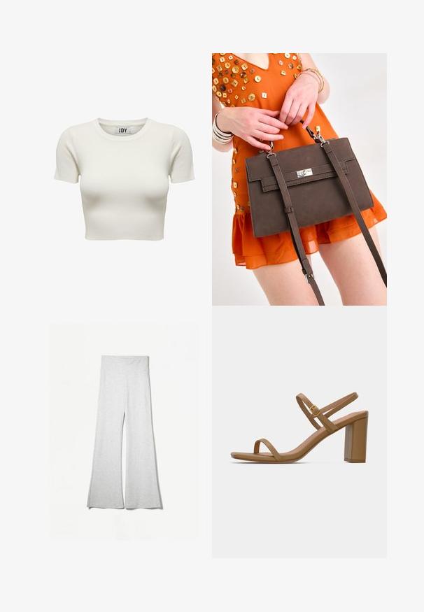Bel bela pametna bombažna kratka majica s kratkimi rokavi in okroglo izrezom, ki se ponaša s prilegajočim dizajnom za poenostavljeno silhueto.; Svetlo sivi široki hlače iz mehkega blaga, z visokim pasom in stranskimi razporki za dodatno prožnost in udobje.; Svetlo rjave sandale s peto, ki imajo dva tanka traka in kvadratno blok peta. Gladek material z minimalnim dizajnom in majhnim zlatim sponko.; Rjava strukturirana torba s ravnim dizajnom, srebrnimi dodatki, nastavljivimi trakovi in zaponko, prikazana ob oranžni obleki.