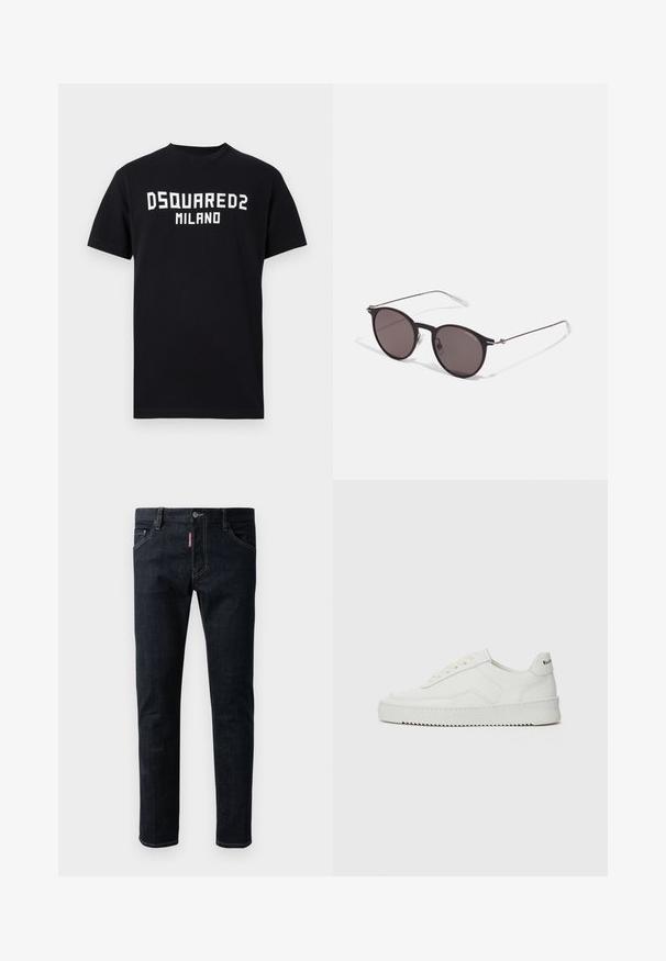 Camiseta negra de manga corta con texto blanco "DSQUARED2 MILANO" centrado en el pecho, cuello redondo y dobladillo recto.; Jeans de denim azul oscuro con un corte ajustado, que cuentan con un cierre de botón, cinco bolsillos y costuras amarillas en contraste en las costuras.; Zapatilla de cuero blanca con un acabado suave, puntera redonda, cordones planos y suela texturizada. Cuenta con un sutil logo en el talón.; Gafas de sol redondas negras con lentes oscuros y brazos metálicos delgados. Incluye puntas de varilla transparentes y acentos plateados en la bisagra. Diseño minimalista.