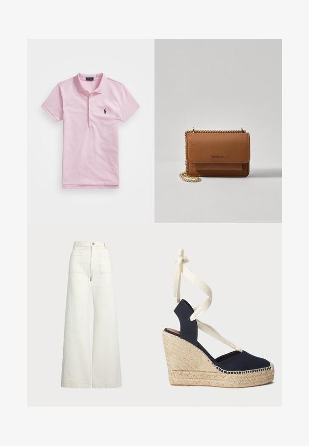 Rosa polo-skjorte laget av bomull, med klassisk krage, tre knapper, korte ermer og en liten marineblå logo på brystet.; Vidde bukser i off-white denim. Høyt liv-design med knappelukking, to frontlommer og kontrastsøm detaljer.; Marine blå lærret kile sandal med jute såle og kremfargede bånd rundt ankelen. Lukket hæl og rund tå-design.; Brun teksturert lær crossover-veske med gullkjede-stropp og klaffelukking. Fronten har logo-detalj og en lomme under klaffen.