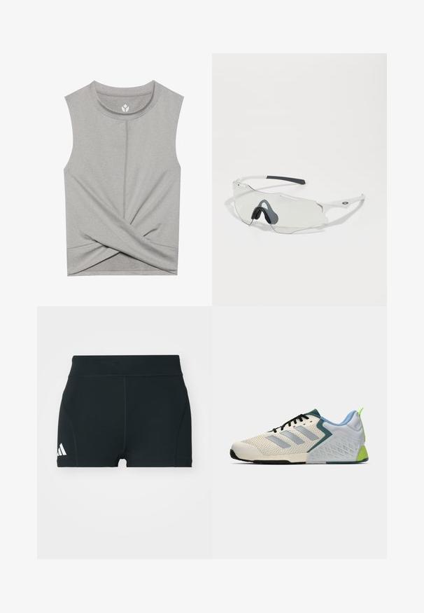 Harmaa hihaton paita pyöreällä kaula-aukkolla, jossa on etuosan käänne ja litteät saumat mukavuutta varten. Pehmeä, joustava kangas.; Mustat urheilushortsit, jotka on valmistettu joustavasta kankaasta. Niissä on korkea vyötärö, tiivis muoto ja valkoinen Adidas-logo vasemmalla puolella.; Kevyet urheilukengät, joissa on kermaisen värinen verkkopinta, harmaat raidat, vihreä yksityiskohta ja texturoitu sininen kantapää. Mustat nauhat.; Aurinkolasit, joissa on kirkas linssi, valkoinen kehys ja harmaat kumiset nenät. Ominaisuudet: tyylikäs muotoilu, kulmikas muoto ja vähäiset varusteakcentit.
