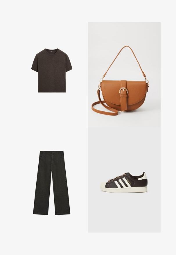 Massimo Dutti SHORT-SLEEVE - Trui - mottled dark brown; Wijd uitlopende zwarte denim broek met een middelhoge taille, twee zijzakken en een eenvoudige, minimalistische uitstraling zonder zichtbare versieringen.; Low-top Adidas Superstar sneaker in donkerbruin leer met crème shell-toe, witte strepen en de tekst "Superstar" aan de zijkant.; Bruine leren schoudertas met een gebogen vorm, gouden hardware en een gespaccent. Bevat een afneembare schouderriem.