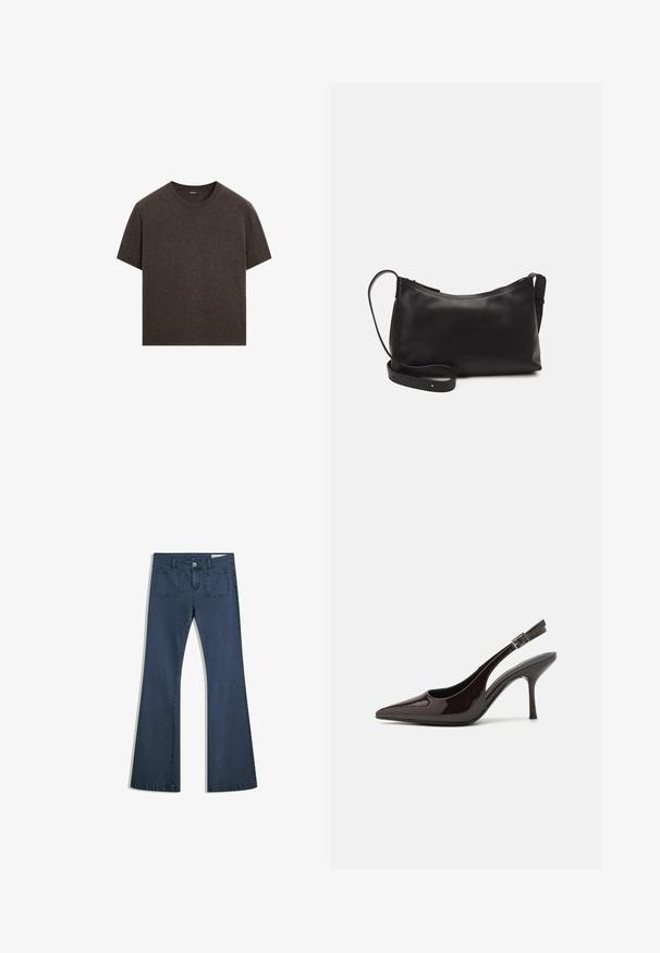 Massimo Dutti SHORT-SLEEVE - Trui - mottled dark brown; Donkerblauwe flare jeans van denim met gestikte zakken, een knoopsluiting en een soepele textuur. Beschikt over een klassieke vijfzakkenontwerp.; Slingback hoge hak schoen in glanzend donkerbruin patentleer, puntige neus, open zijkanten en verstelbare enkelband.; Zwarte leren schoudertas met een gladde textuur, gebogen vorm, verstelbare schouderband en een ritsafsluiting. Minimalistisch ontwerp zonder versieringen.