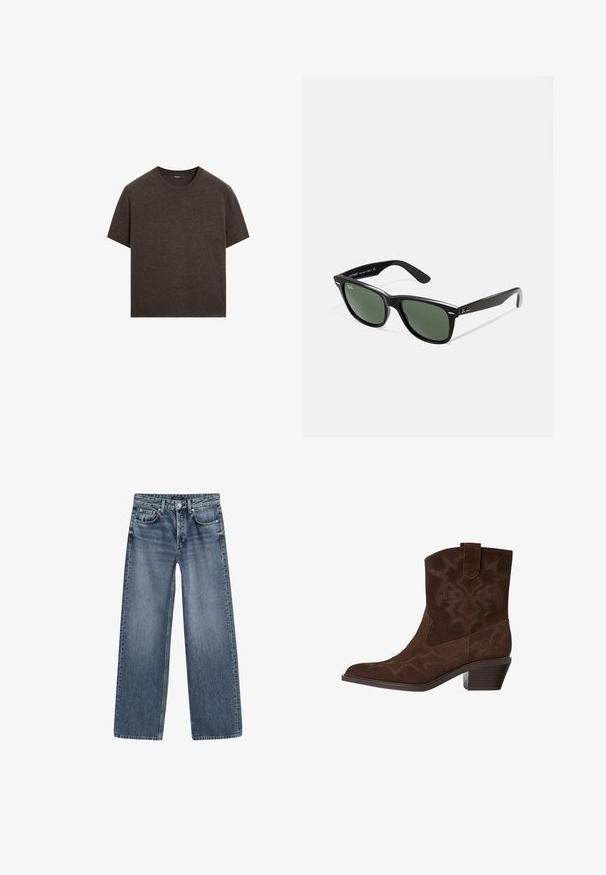 Massimo Dutti SHORT-SLEEVE - Striktrøje - mottled dark brown; Højtaljede brede ben jeans i mellemblå denim med en falmet finish, fem lomme-design og sølvfarvet knaplukning.; Brune ruskinds cowboystøvle med spids tå, dekorative syninger, ankelhøjde og en stablet hæl. Har en pull tab for nem påtagning.; Sorte plastiksolkaber med grønne linser, firkantede stel, sølvaccent på brynene og teksturerede templede arme. Angivet mærke på den indre arm.