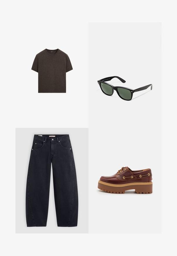 Massimo Dutti SHORT-SLEEVE - Striktrøje - mottled dark brown; Sorte denim wide-leg jeans med høj talje, to frontlommer og sølvhardware. Glat tekstur, minimale stikninger og lige snit.; Brune læder bådsko med en kraftig brun gummisål, gyldne snørehuller og kontraststing. Har et logo på siden.; Sorte plastiksolkaber med grønne linser, firkantede stel, sølvaccent på brynene og teksturerede templede arme. Angivet mærke på den indre arm.