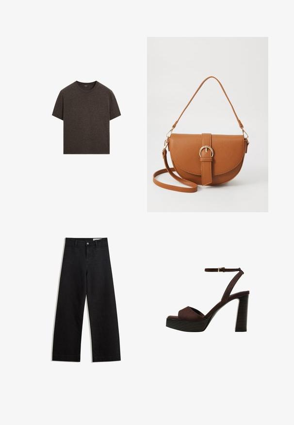 Massimo Dutti SHORT-SLEEVE - Trui - mottled dark brown; Zwarte denim broek met wijde pijpen en een hoge taille, voorzien van voor- en achterzakken, gestikte naden en een knoopsluiting. Gladde textuur.; Bruine suède high-heeled sandaal met een open teen, verstelbare enkelband en een gestreepte plateauzool.; Bruine leren schoudertas met een gebogen vorm, gouden hardware en een gespaccent. Bevat een afneembare schouderriem.
