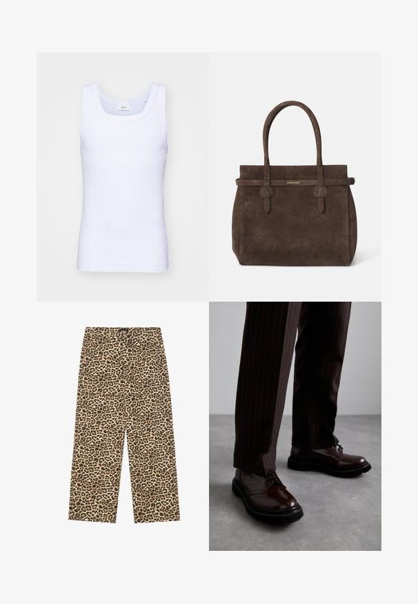 Weißes Baumwoll-Top ohne Ärmel mit rundem Ausschnitt, ausgestattet mit einer glatten Textur und einer figurbetonten Form, ideal für die Freizeit.; YOURTURN UNISEX - Jeans Relaxed Fit - beige/black; Braune Leder Schnürschuhe mit glänzender Oberfläche, schwarzer Gummisohle und dezenten Nähten. Getragen mit braunen Angabenhosen mit Nadelstreifen.; Dunkelbraune Wildledertasche mit doppelten Griffen und einem horizontalen Riemen, der mit einem kleinen goldenen DSQUARED2-Logo-Plakette versehen ist.