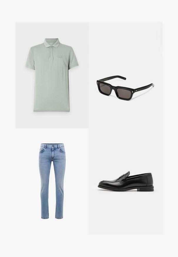 Light green polo shirt made of soft fabric, featuring a three-button placket, short sleeves, and a subtle logo on the chest.; Light blue denim jeans with a slim fit, five pockets, and a straight leg design. Features a zipper fly and belt loops. Soft texture.; Black leather loafers with a smooth texture, rounded toe, and a decorative strap across the vamp. Low stacked heel, minimalist design.; Black rectangular sunglasses with dark lenses, thick plastic frame, gold accents on temples, and brand logo engraved on the arm.