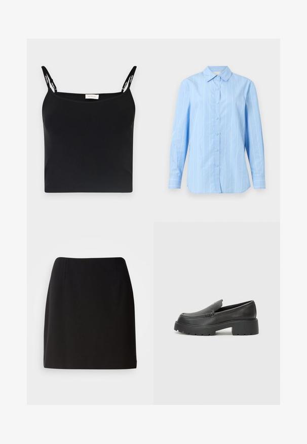 Camisola preta canelada com alças finas, apresentando a marca Calvin Klein. Design simples e ajustado, com uma textura suave e sem padrões adicionais.; Camisa azul-claro de botões, com riscas verticais brancas, mangas longas, colarinho pontudo e punhos com botões. Material em algodão com textura suave.; Saia preta com uma silhueta ajustada, feita de um tecido suave. Apresenta pregas frontais discretas e um design até à coxa.; Mocassins de couro preto com bico arredondado, sola espessa e texturizada, e detalhes de costura minimalistas. Design elegante sem atacadores ou ferragens visíveis.
