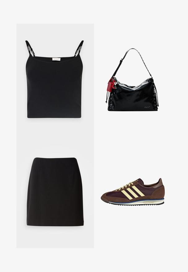 Crna rebrasta majica na tanke naramenice s Calvin Klein oznakom. Jednostavan, uski dizajn s glatkom teksturom i bez dodatnih uzoraka.; Svijetloplava košulja na dugih rukava s vertikalnim bijelim prugama, šiljastim okovratnikom i dugmadi na manžetama. Pamuk s glatkom teksturom.; Crna suknja s prilagođenim siluetom, izrađena od glatkog materijala. Ima suptilne prednje nabore i dizajn do sredine butina.; Smeđi i burgundski teniski s uzorcima od antilopa i mrežastih materijala, s tri kremaste pruge, teksturiranim materijalom na jeziku i gumeni potplat.; Crna kožna torba s opuštenim dizajnom, vezanjem s bočnih strana i crvenim akcentom. Ima dugačak podesivi remen.