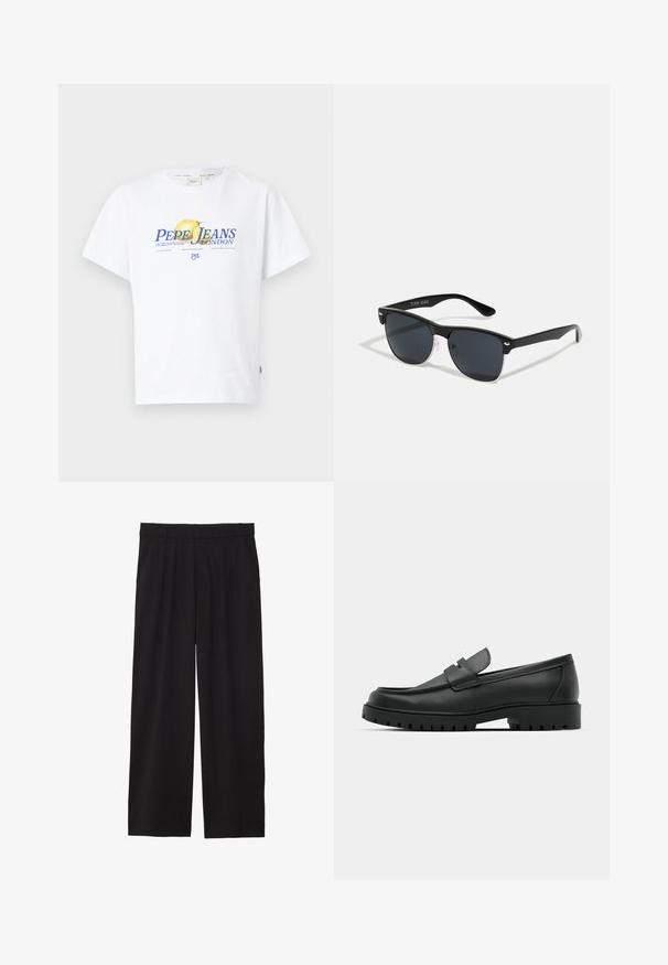 T-shirt de algodão branca com uma estampa gráfica contendo o texto "PEPE JEANS LONDON" e uma ilustração de limão. Manga curta e corte relaxado.; Calças largas pretas com pregas na frente, bolsos laterais e uma textura de tecido suave. Projetadas para um ajuste confortável.; Sapatilhas de couro preto com bico arredondado, apresentando um design cosido, sola de plataforma baixa e um solado de borracha texturizado e com cravos.; Óculos de sol pretos com forma retangular, lentes escuras, detalhes em prata nas hastes e um acabamento mate na armação.