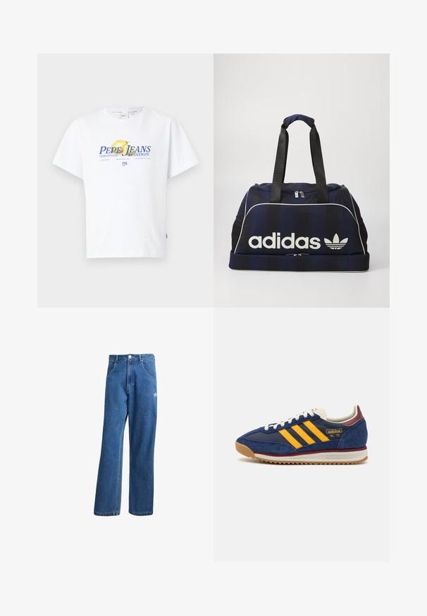T-shirt bianca in cotone con una stampa grafica che riporta il testo "PEPE JEANS LONDON" e un'illustrazione di limone. Maniche corte e vestibilità relax.; Jeans in denim blu con una silhouette a gamba larga, caratterizzati da un bottone in vita frontale, tasche laterali e un piccolo logo bianco sulla coscia sinistra.; Sneaker in suede blu navy con strisce gialle, lacci bianchi e dettagli bordeaux. Suola testurizzata con scanalature per una maggiore aderenza. Logo del brand sul lato.; Borsa da viaggio navy con logo Adidas bianco, dotata di apertura con zip, due resistenti manici neri e tasche laterali in rete. Tessuto morbido.