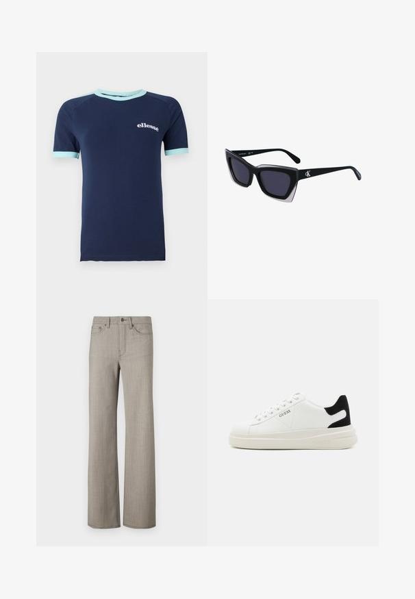 Námořnická modrá přírodní bavlněná tričko s krátkým rukávem, má světle modré lemování na límci a rukávech, s bílým logem "ellesse" na přední straně.; Kalhoty s širokými nohavicemi v světle šedé barvě, z texturované tkaniny s hladkým povrchem. Obsahují zapínání na knoflík a design s pěti kapsami.; Bílé kožené tenisky s tlustou bílou podrážkou, černým semišovým akcentem na patě a vyraženým logem na boku. Šněrovací design se šesti očka.; Černé oversized sluneční brýle geometrického tvaru, s tmavými skly a kontrastním šedým detailem na rámu. Logo na rameni.