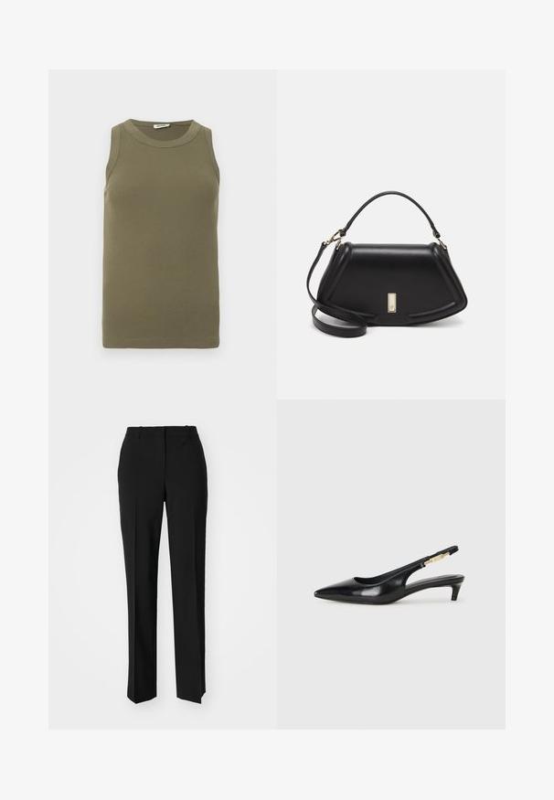 Olive green sleeveless top made of ribbed fabric, featuring a round neckline and fitted silhouette with clean edges.; Black tailored trousers with a straight-leg design, featuring a smooth texture and crisp creases along the front. No visible hardware.; Black leather slingback heels with a pointed toe, featuring a slim heel and a gold-tone accent on the adjustable strap. Smooth texture.; Black leather handbag with a structured design, featuring a cropped shape, top handle, and gold hardware accent. Adjustable shoulder strap included.
