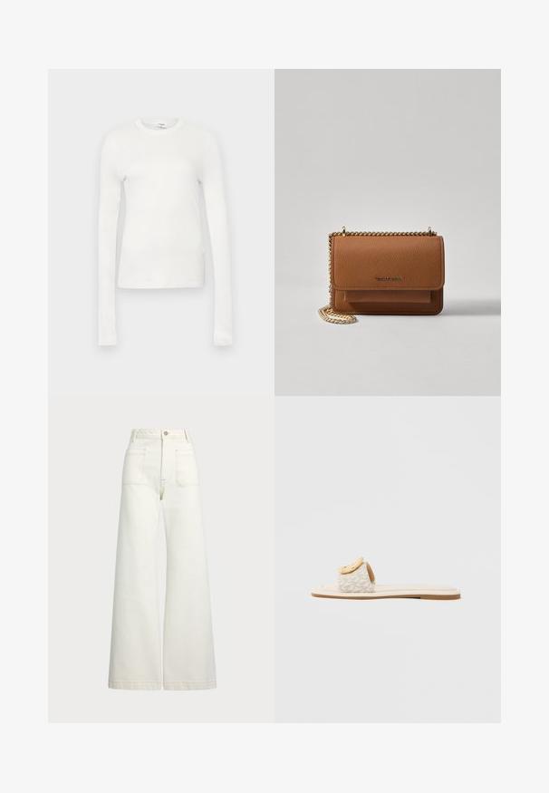 Hvit langermet t-skjorte laget av myk bomull. Har rund halslinning, tettsittende silhuett og jevn tekstur. Ingen mønstre eller detaljer.; Vidde bukser i off-white denim. Høyt liv-design med knappelukking, to frontlommer og kontrastsøm detaljer.; Slip-onsandal med en beige rem med geometrisk mønster, en rundet gul detalj på overdelen og en flat, lys såle.; Brun teksturert lær crossover-veske med gullkjede-stropp og klaffelukking. Fronten har logo-detalj og en lomme under klaffen.