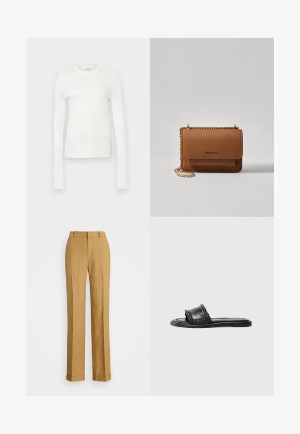 Weißes langärmeliges T-Shirt aus weicher Baumwolle. Verfügt über einen runden Halsausschnitt, eine taillierte Silhouette und eine glatte Textur. Keine Muster oder Akzente.; Polo Ralph Lauren YARD LINEN FULL FLAT FRONT - Stoffhose - sand dune; Schwarze Ledersandale mit einem gewebten Riemen-Detail, flacher Sohle und schlankem Design. Glatte Textur und minimalistisches Profil.; Braune strukturierte Ledertasche mit goldener Kettenriemen und Klappenverschluss. Die Vorderseite zeigt ein Logo-Detail und eine Tasche unter der Klappe.