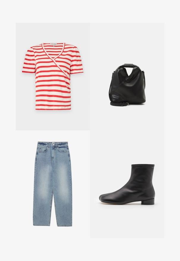 Červeno-bílý pruhovaný tričko s krátkým rukávem, ve tvaru V a asymetrickým designem. Vyrobeno z žebrované látky s jemnou texturou.; Bílý bezrukávový zavinovací top vyrobený z bavlny. Má špičatý límec, boční vázání a mírně volný střih, který se stahuje v pase.; Světle modré džíny z denimu s volným střihem, rovnými nohavicemi, pěti kapsami a knoflíkovým zapínáním v pase. Hladká textura.; MM6 Maison Margiela BOOT - Kotníkové boty - black; Černá, měkká kožená taška s unikátním zkrouceným designem. Obsahuje krátkou rukojeť a odnímatelný ramenní popruh. Minimalistický styl.