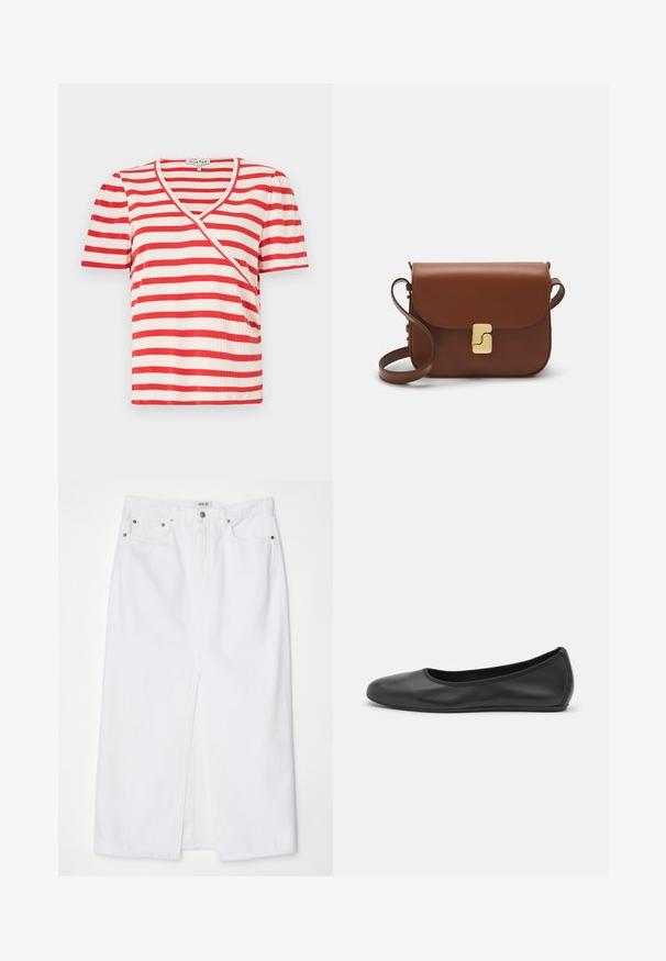 Czerwono-biała w paski koszulka z krótkim rękawem, wykończona dekoltem w serek i asymetrycznym krojem. Wykonana z prążkowanej tkaniny o miękkiej fakturze.; Biała spódnica dżinsowa z rozcięciem z przodu, pięcioma kieszeniami, metalowym guzikiem oraz zapięciem na zamek błyskawiczny, a także z haftowanymi detalami na hemie.; Czarne skórzane baletki z zaokrąglonym noskiem, gładką fakturą, minimalnymi przeszyciami i elastycznym designem podeszwy.; Brązowa skórzana torebka na ramię z klapką, złotymi detalami, paskiem na ramię i gładką teksturą. Kompaktowy prostokątny kształt.
