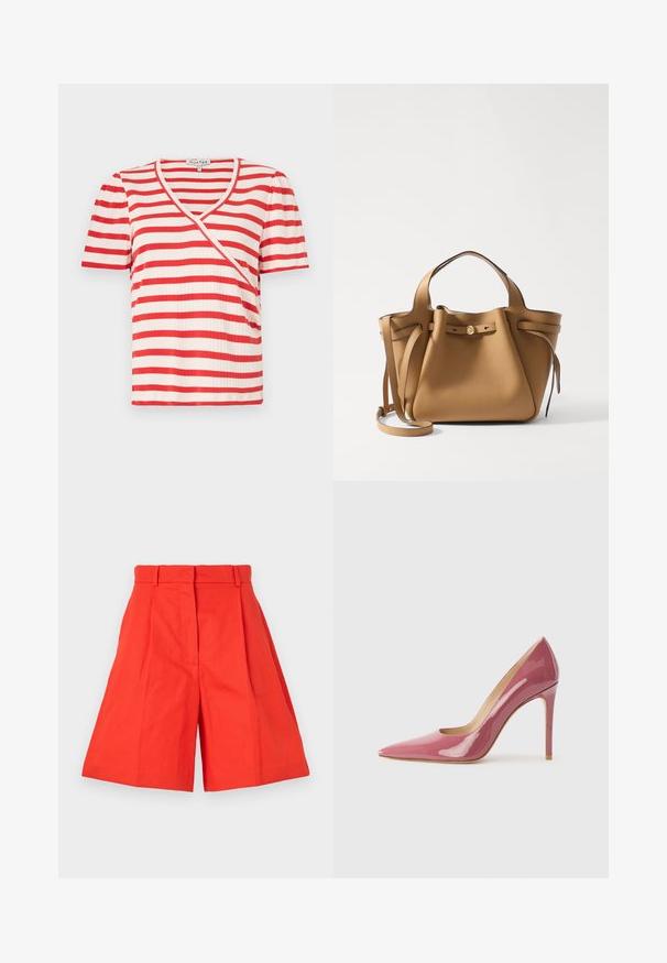 Camiseta de manga corta a rayas rojas y blancas con cuello en V y un diseño asimétrico. Fabricada en un tejido de canalé con una textura suave.; Pantalones cortos de algodón rojo con cintura alta, que cuentan con pliegues y una silueta de corte amplio. Textura suave y líneas limpias. Sin bolsillos ni adornos.; Zapato de tacón alto de charol rosa con punta afilada y silueta estilizada, que presenta un detalle cortado y un tacón de aguja.; Tory Burch ROMY PEBBLED SATCHEL - Bolso de mano - tiramisu