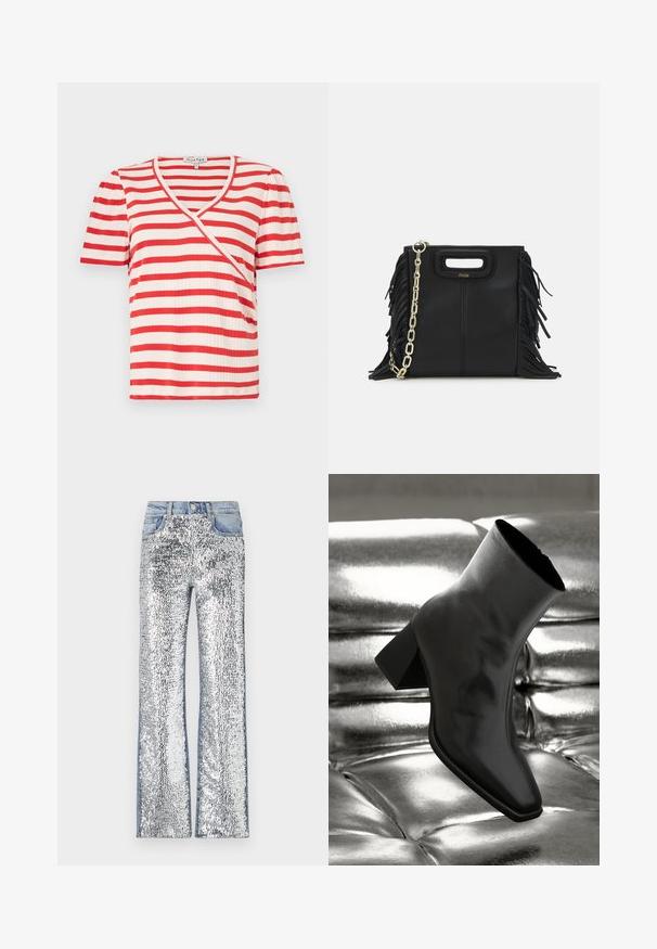 Rød- og hvidstribet kortærmet T-shirt med V-hals og asymmetrisk design. Fremstillet af et ribbet stof med en blød tekstur.; Sølvglitrende jeans med en flare-design, med en denim-talje og -sider, der skaber en tekstureret, reflekterende overflade.; Sorte ankelstøvler lavet af glossy materiale med firkantet tå og spidse hæle, sat mod en skinnende sølv tuftet baggrund.; Sort læder skuldertaske med frynse-detaljer, guldkæde skulderrem og udskåret håndtag. Har logo placeret på forsiden.