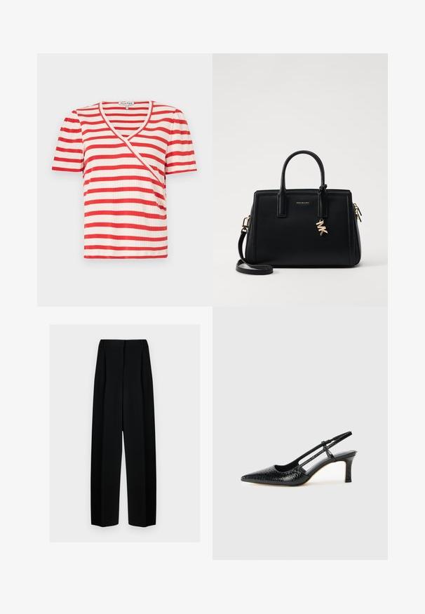 Rød- og hvidstribet kortærmet T-shirt med V-hals og asymmetrisk design. Fremstillet af et ribbet stof med en blød tekstur.; Sorte vide benbukser med høj talje, der har læg og en glat tekstur. Stoffet virker let og falder elegant.; Sorte patent slingback hæl med spids tå, prydet med tekstureret slangeskindsmønster, justerbar rem og en kort, tekstureret blokhæl.; Sort læder håndtaske med struktureret design, dobbelt top håndtag, aftageligt skulderrem, guld hardware og en logo charme accent.