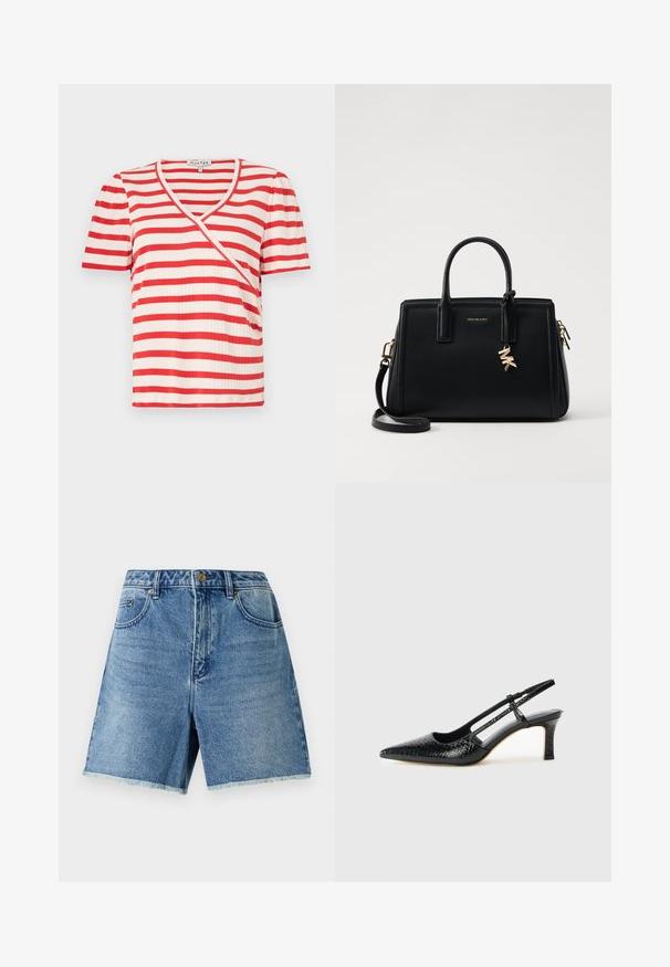 Rød og hvit stripete kortermet t-skjorte med V-hals og asymmetrisk design. Laget av ribbet stoff med en myk tekstur.; Denimshorts i lys blå, med høy midje, knappelukking, sidelommer og slitt hem for en avslappet passform.; Sorte patent slingback hæl med spids tå, featuring tekstureret slangeskind, justerbar rem og en kort, tekstureret blokhæl.; Svart skinnhåndveske med strukturert design, doble topphåndtak, avtakbar skulderrem, gullfarget hardware og en logo-detalj.