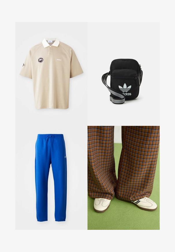 Beež lühikeste varrukatega polo särk valge kaelusega, nööbiplakeering, brändi logo rinnal ja ringikujuline pitsatt vasakul poolel.; Sinised dressipüksid, mis on valmistatud pehmest kangast, elastse vöökohaga ja nööridega, kitsenevate jalgadega ning väike logodetail külgedel.; Pruunide ja siniste ruuduliste laiad püksid, mille juurde on kombineeritud valged kingad mustade aktsentidega ja tekstuursete taldadega, roheline taust.; Mustmust värvi risti koti, millel on tõmblukuga sulgemine, valge Adidas'i logo ja triibuline reguleeritav rihm mugavaks kandmiseks.