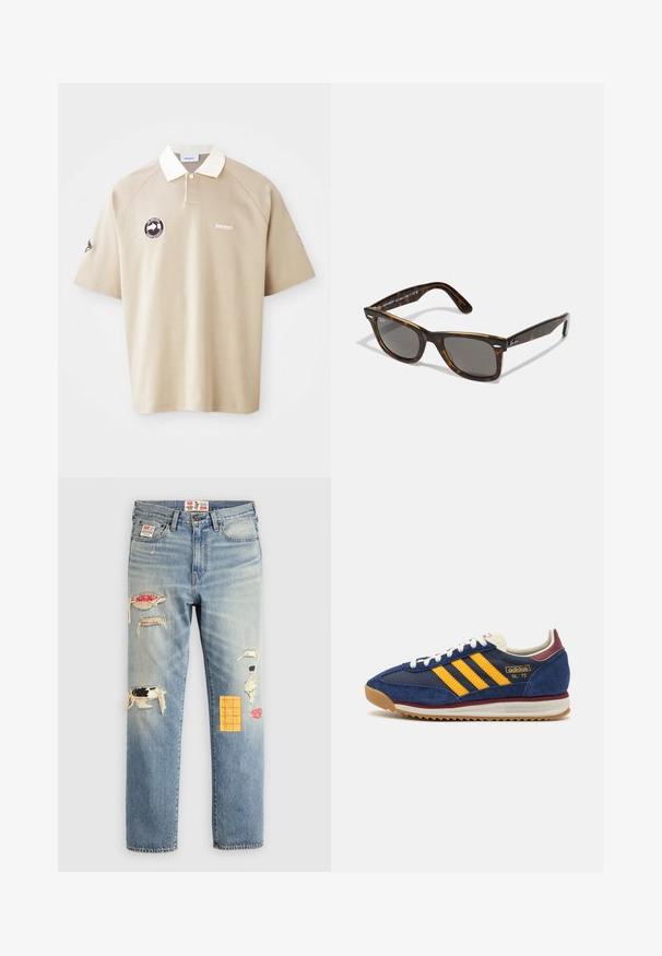 Polo shirt beige a maniche corte con colletto bianco, patta con bottoni, logo del marchio sul petto e toppa circolare sul lato sinistro.; Jeans in denim blu chiaro con vestibilità rilassata, caratterizzati da toppe strappate in vari colori e motivi, inclusi accenti arancioni e rossi.; Sneaker in suede blu navy con strisce gialle, lacci bianchi e dettagli bordeaux. Suola testurizzata con scanalature per una maggiore aderenza. Logo del brand sul lato.; Occhiali da sole tartarugati con lenti grigie e una montatura quadrata, caratterizzati da dettagli metallici sulle aste e il logo all'interno del design.