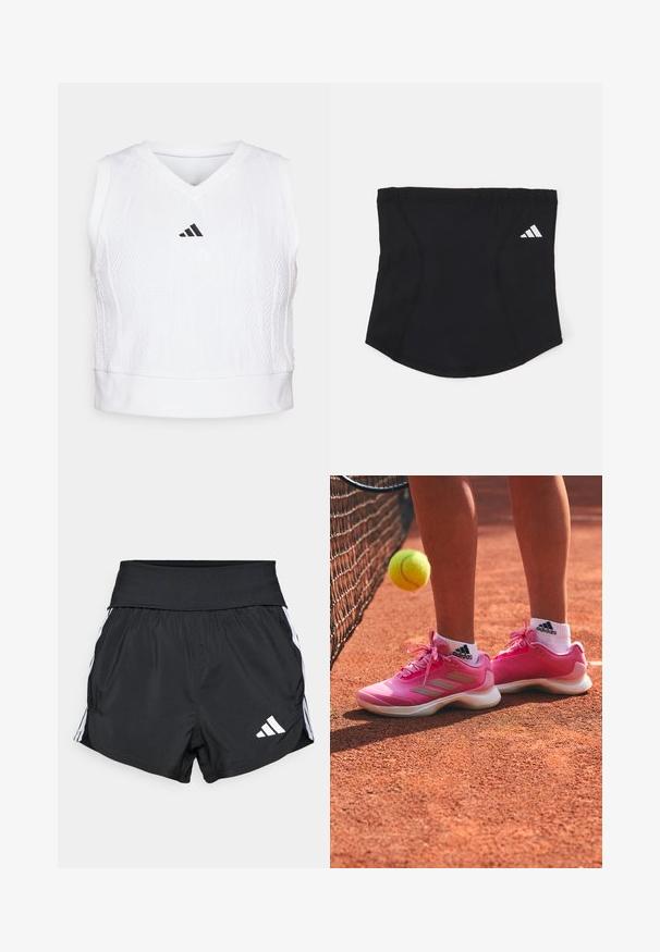 adidas Performance TENNIS PRO AEROREADY CROP - Felső - white; Fekete sportnadrág könnyű anyagból, széles derékpánttal, fehér oldalsávokkal és egy kisméretű fehér logóval az alsó szegélyen.; Rózsaszín teniszcipők sima felülettel, világosszürke kiegészítőkkel és fehér talppal, fehér zoknikkal és egy teniszlabdával egy salakpályán.; Fekete sportos fejpánt sima felülettel, ívelt formával és rugalmas felső résszel. Az oldalon egy kis fehér Adidas logó található.