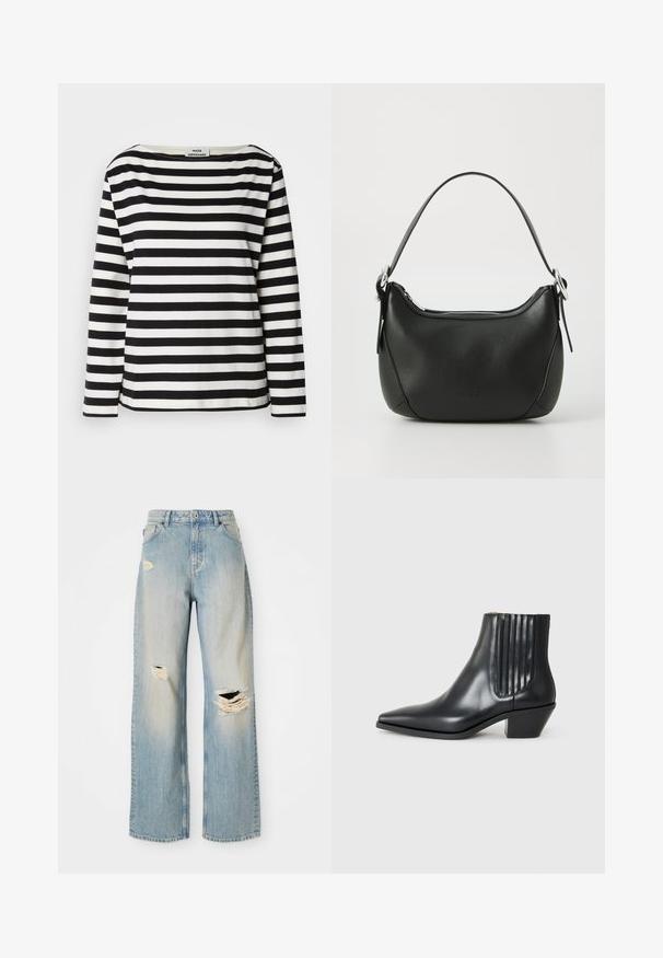 Zwart-wit gestreepte lange mouwen top met een brede halslijn. Gemaakt van zachte stof, met gelijkmatige horizontale strepen en gestikte zomen.; Lichtblauwe rechte spijkerbroek met hoge taille, riemlussen en versleten scheuren op de linker bovenbeen, rechterknie en onder linkerpijp.; Zwarte leren enkellaars met spitse neus, elastische zijpanelen met verticale groeven en een lage blokhak. Glad oppervlak en slank ontwerp.; Zwarte leren handtas met een gebogen vorm, zilveren rits en een korte handgreep. Bevat een subtiel logo aan de voorkant en een gladde textuur.
