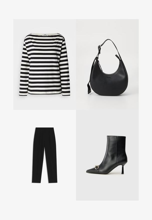 Musta-valkoiset raidoitetut pitkähihainen paita, jossa on leveä kaula-aukko. Valmistettu pehmeästä kankaasta, jossa on tasaiset vaakaraidat ja ommellut helmavarat.; Mustat housut suoran istuvuuden kanssa, joissa on kaksinkertaiset laskokset, sileä pinta ja klassinen vyötärönauhan muotoilu. Ei näkyviä metalliosia tai koristeita.; Musta nahkasaapas nilkkapituisilla, terävillä kärjillä, hoikalla keskipituisella korolla ja hopeavöillä sivussa yksinkertaista taustaa vasten.; Mustankasesta olkalaukusta, jossa on kaareva muoto, vetoketjukiinnitys ja säädettävä olkahihna. Etupuolella on kohokuvioitu brändilogon.