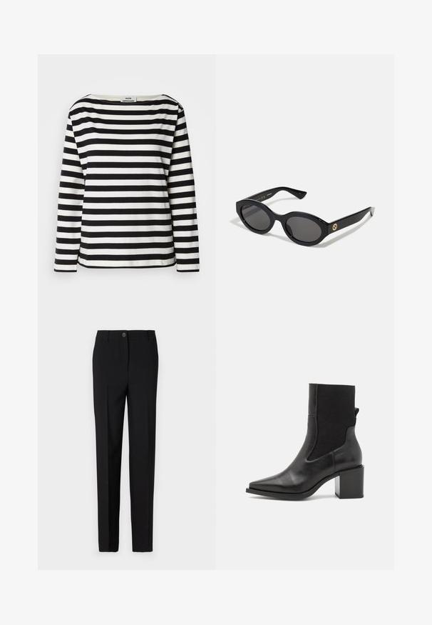 Gestreiftes langärmliges Oberteil in Schwarz und Weiß mit weitem Halsausschnitt. Aus weichem Stoff gefertigt, mit gleichmäßigen horizontalen Streifen und genähten Säumen.; Schwarze, maßgeschneiderte Hose mit geradem Bein, ausgestattet mit einem Knopfverschluss und Gürtelschlaufen, aus glattem Stoff gefertigt.; Schwarze Stiefelette mit spitzem Schuhschnitt, aus glattem Leder und elastischem Stoff gefertigt. Mit Blockabsatz und minimalistischem Design.; Schwarze ovale Sonnenbrille mit dunklen Gläsern und glänzendem Kunststoffrahmen. Mit goldenem Logo am Bügel, das ein elegantes und modernes Design bietet.; Blau gemusterte Handtasche aus Stoff, mit geschwungener Form, schwarzem Ledergriff und Logo-Design in einem helleren Farbton.