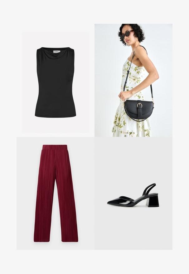 Envii SCORPION - Top - black; Calças largas plissadas em cor bordeaux com cintura elástica. O tecido texturizado apresenta riscas verticais. Corte reto até à bainha.; Sandy em verniz preto com salto slingback, ponta afilada e salto geométrico. Apresenta um design elegante e minimalista com textura suave.; Bolsa de couro preta com forma curva, alça destacável e detalhes em dourado. A bolsa possui uma aba com detalhe de fivela.