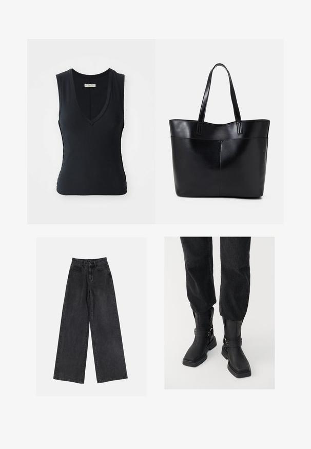 Črno rebrasto top z globokim V-izrezom, brez rokavov in stranskimi izrezi. Mehka tekstura in prilegajoč obliko povečata udobje.; Črne široke denim hlače z visokim pasom, klasičen pet-pocket dizajn in subtilno zbledelo videz. Trpežen material z gladko teksturo.; Črne usnjene gležnjarje s kvadratnim nosom, ki vsebujejo širok trak in podrobnost z metalno zaponko. Gležnjarji imajo debelo podplat in gladko teksturo.; Črna usnjena torba z dvema dolgima ročajema, gladko teksturo in strukturirano obliko. Ima sprednji žep za dodatno shranjevanje.
