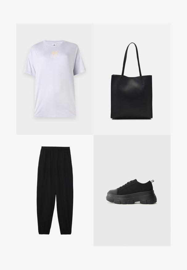 Vaaleanlila puuvillapaita, jossa on pyöreä kaula-aukko, lyhyet hihat ja etupuolella kultainen graafinen printti, jossa on palmuja.; Mustat, kevyet housut, joissa on joustava vyötärö ja kerätyt nilkat. Kangas on sileä ja siinä on rento, kapeneva muotoilu.; Mustat urheilukengät, joissa on paksu kumipohja, teksturoitu kangasvarsi, pyöreä kärki ja nauhalukitus. Varusteena vahvistetut nauhareiät ja takana vetotanko.; Mustapahkainen kangaskassi, jossa on sileä pinta, suorakaiteen muotoinen ja kaksi pitkää kahvaa. Ei näkyvää metalliosaa tai koristeita.