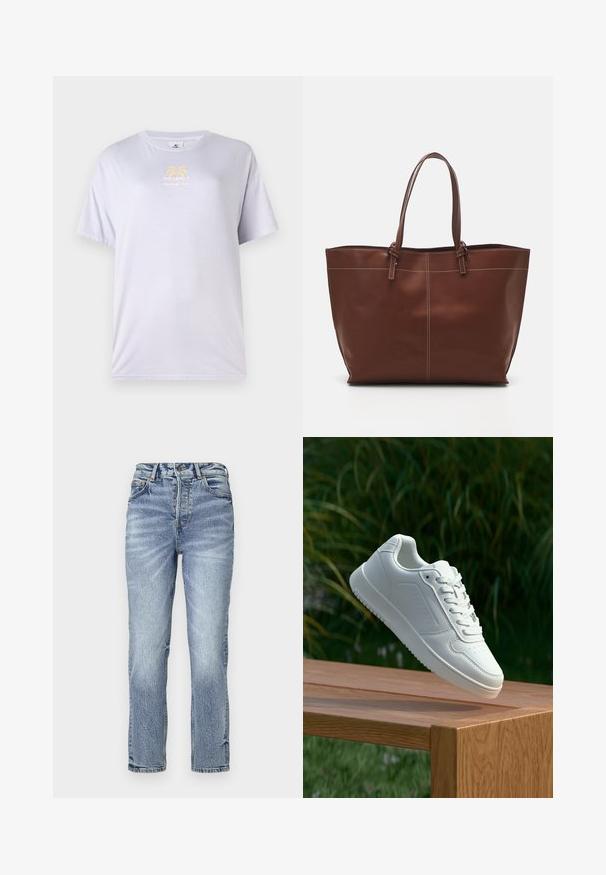 Svetlofialové bavlnené tričko s okrúhlym výstrihom, krátkymi rukávmi a zlatým grafickým potlačou s palmami na prednej strane.; Svetlomodré denimové nohavice so rovný strihom, vysokým pásom, vyblednutou textúrou a piatimi vreckami. Obsahuje kovové zapínanie na gombík a zips.; Biele tenisky s hladkým syntetickým zvrškom, perforovanou špičkou, plochými šnúrkami a textúrovanou podrážkou, vystavené na drevenej ploche.; Hnedá kožená taška s dvojitými uchami, so kontrastným prešívaním a priestranným dizajnom, ideálna na každodenné použitie.
