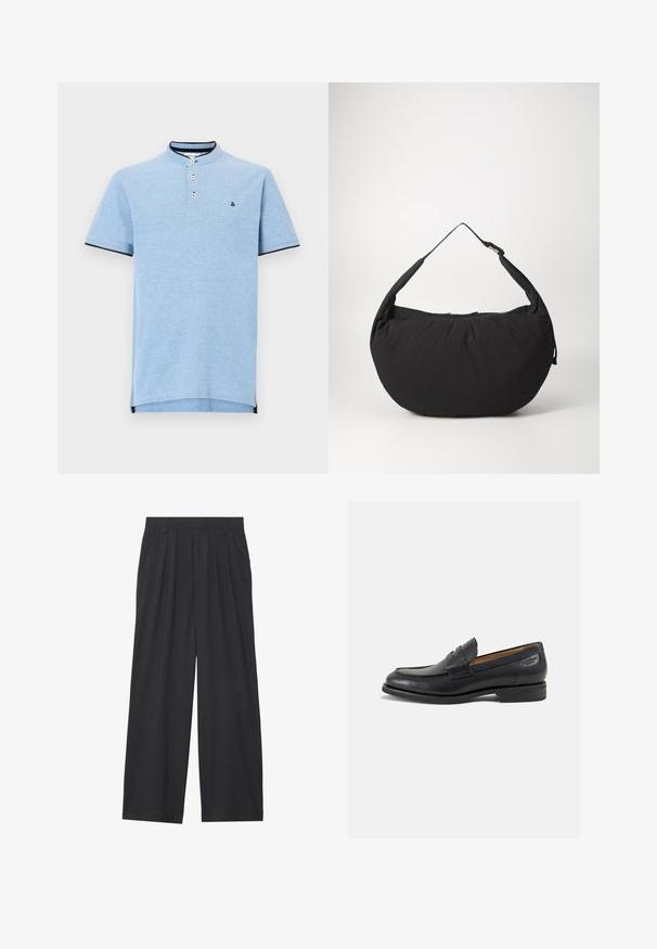 Light blue polo shirt with a high collar, two-button placket, and navy trim on sleeves and hem. Soft texture and minimal logo detail.; Wide-leg trousers made of dark gray fabric. Features pleats at the waist, a tailored design, and a straight silhouette.; Black leather loafers with a smooth finish, rounded toe, and decorative stitching on the vamp. Low stacked heel and slight shine.; Black fabric shoulder bag with a curved shape, featuring a single strap and a zippered closure. Soft texture, minimalist design.