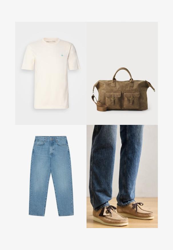 Cream-colored cotton t-shirt with short sleeves, a crew neck, and a small blue emblem on the left chest. Soft texture and relaxed fit.; Light blue denim wide-leg jeans with a high waist, featuring five pockets, belt loops, and a soft, slightly faded texture.; Suede moccasins in tan with dark brown accent, rounded toe, and plush white sole. Features lace-up design and stitched detailing.; Brown leather duffel bag with two front pockets, adjustable shoulder strap, gold hardware, and sturdy top handles. Smooth texture.