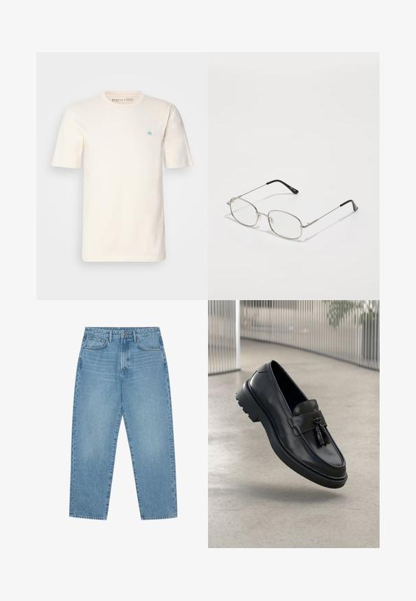 Cremfarbendes Baumwoll-T-Shirt mit kurzen Ärmeln, Rundhals und einem kleinen blauen Emblem auf der linken Brust. Weicher Stoff und lockere Passform.; Pier One Loose Jeans - dark blue denim; Schwarze Leder-Loafer mit glatter Oberfläche, dekorativem Quasten, dicker Gummisohle und abgesteppten Akzenten. Leichtes und schlankes Design.; Metallbrille mit ovalem Rahmen, silbernen Fassungen und klaren Gläsern. Schmale, gerade Bügel mit schwarzen Enden, minimalistisches Design.