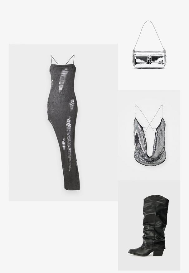 Strieborný lesklý top so širokým V-výstrihom a krížovými reťazovými ramienkami; má lesklý, reflexný povrch a drapériu látkového dizajnu.; Čierne pletené dlhé šaty s tenkými popruhmi, s množstvom vyrezaných sekcií vytvárajúcich vzorový efekt. Mäkkučká textura s priliehavým strihom.; Čierne kožené čižmy po kolená so sklopeným dizajnom, špicatou špičkou a masívnym opätkom, s hladkým povrchom a minimálnym šitím.; Strieborná metalická kabelka na rameno s dvoma prednými vreckami, hladkou textúrou, prešívaním a jedným odnímateľným popruhom. Kompaktný obdĺžnikový tvar.