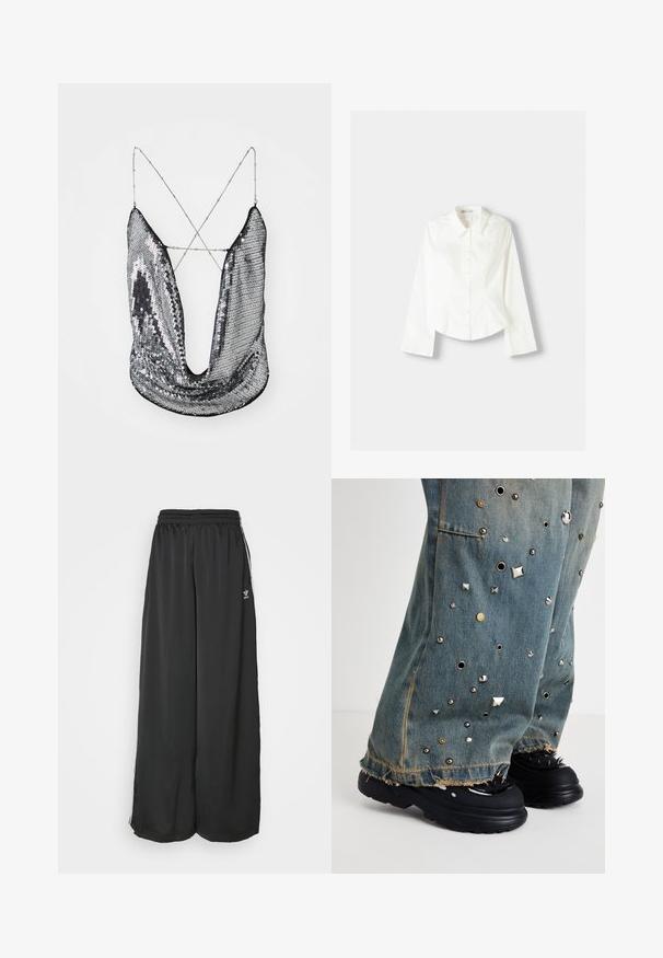 Hopeapintaiset paljetti-topit, joissa on syvä V-mallinen kaula-aukko ja ristikkäiset ketjuhihnat; tarjoaa kiiltävän, heijastavan pinnan ja laskostetun kankaan muotoilun.; Valkoinen napillinen paita pitkähihaisilla, jossa on klassinen kaulus, vahvistettu malli ja hienovaraiset pystysaumat lisäyksinä.; Musta löysästi istuva urheiluhaalari, joka on valmistettu sileästä kankaasta. Sisältää joustavan vyötärön ja sivuilla nauhoja, joissa on logo-yksityiskohtia.; Denimflairihousut, joissa on metalliset niitit ja grommetit. Revityt helmat ja taskut näkyvät. Yhdistetty chunky-mustiin kenkiin, joissa on piikkejä.