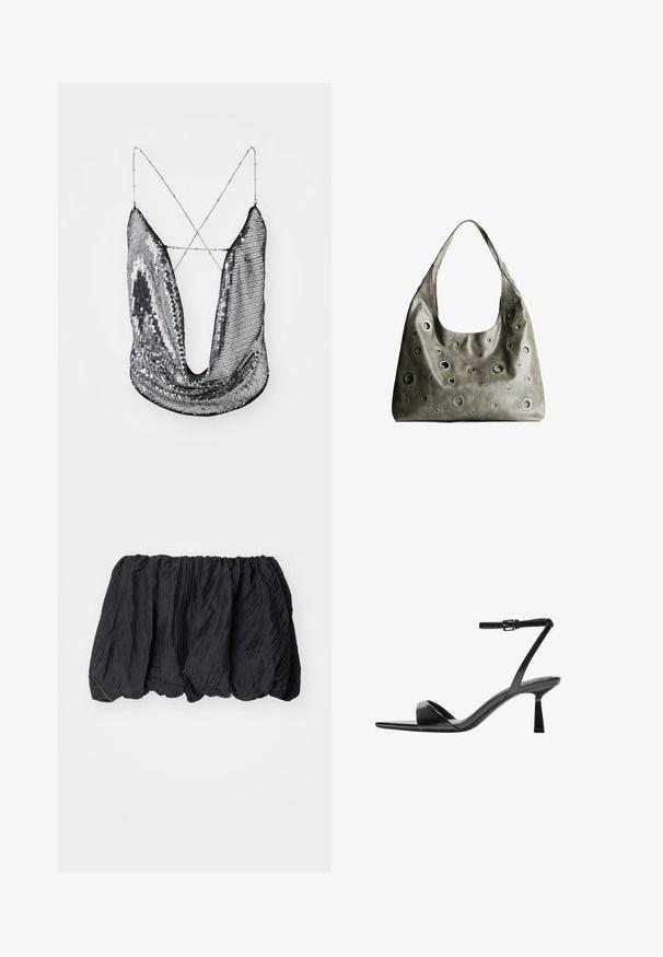 Top in paillettes argento con scollatura a V profonda e spalline incrociate; presenta una superficie lucida e riflettente e un design in tessuto drappeggiato.; Top in tessuto nero arricciato con vita elasticizzata, caratterizzato da una superficie testurizzata e un design arricciato per una forma voluminosa.; Bershka Sandali con tacco - black; Borsa a tracolla in pelle verde oliva con un design morbido, caratterizzata da tagli circolari di diverse dimensioni e dettagli in tonalità più scure e più chiare.